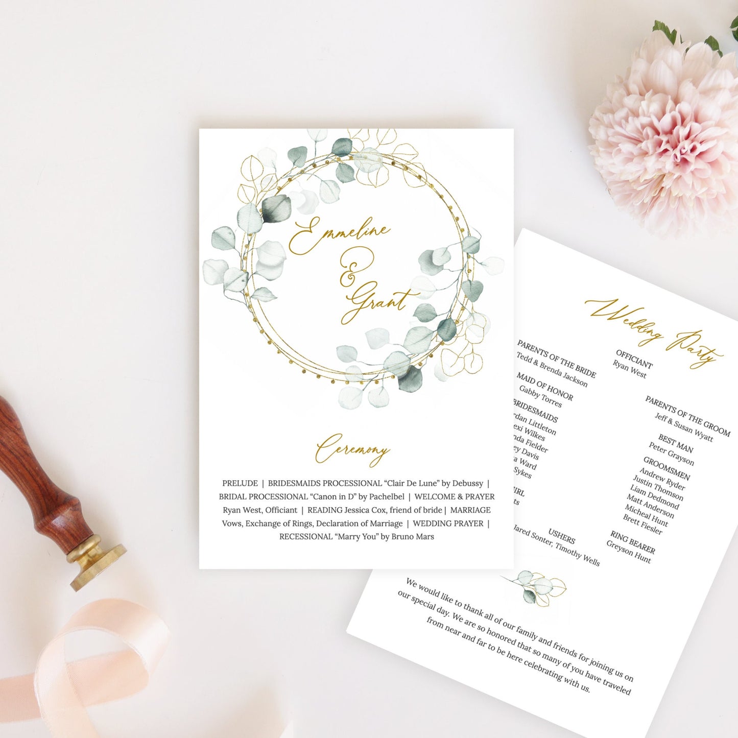 Editable  Eucalyptus Wreath Wedding Program Greenery and Gold Wedding Program Fan Wedding Ceremony Program Template