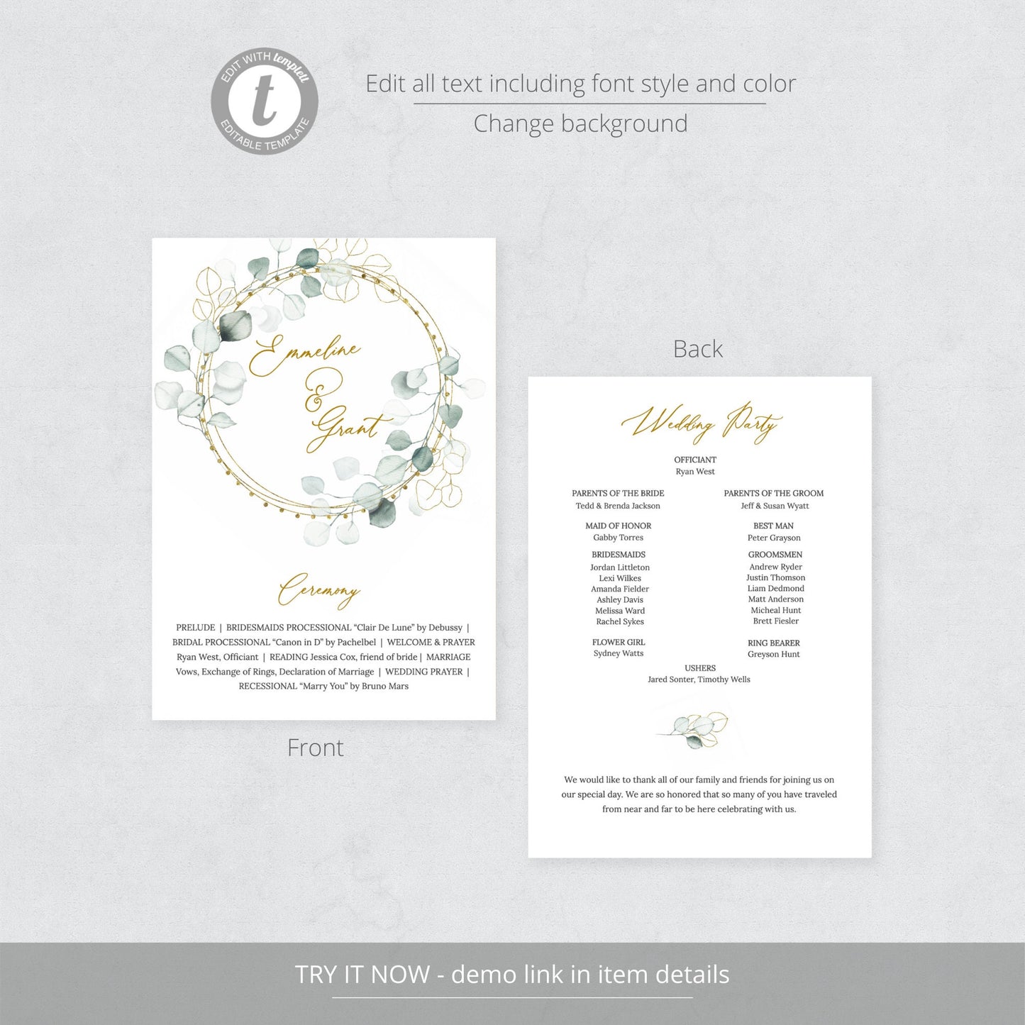 Editable  Eucalyptus Wreath Wedding Program Greenery and Gold Wedding Program Fan Wedding Ceremony Program Template