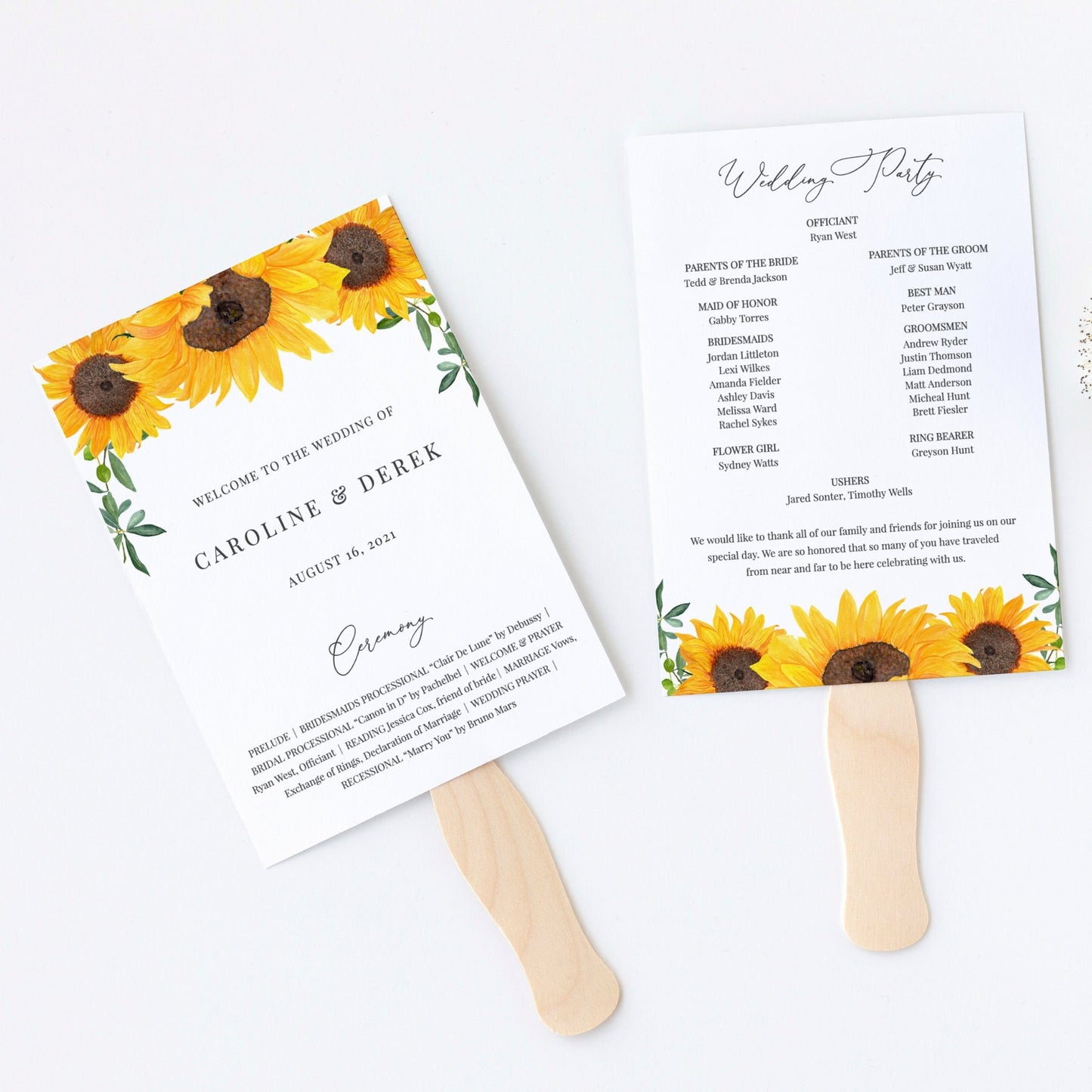 Editable   Sunflower Wedding Program Fan Floral Wedding Program Fan or Flat Wedding Ceremony Program Template