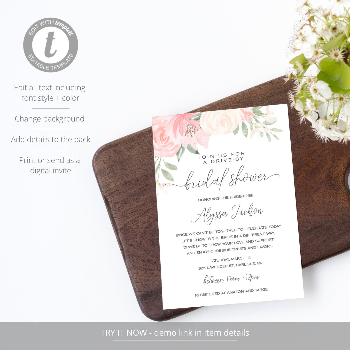 Editable Drive By Bridal Shower Invitation Blush Pink Floral Drive Through Bridal Shower Invite Template