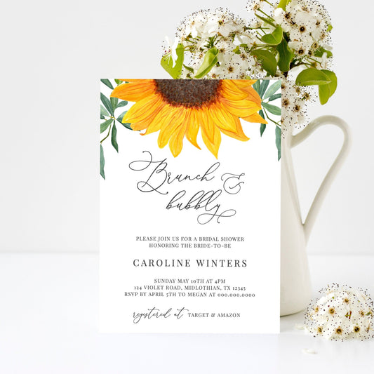 Editable   Brunch and Bubbly Bridal Shower Invitation Rustic Sunflower Bridal Shower Invite Template