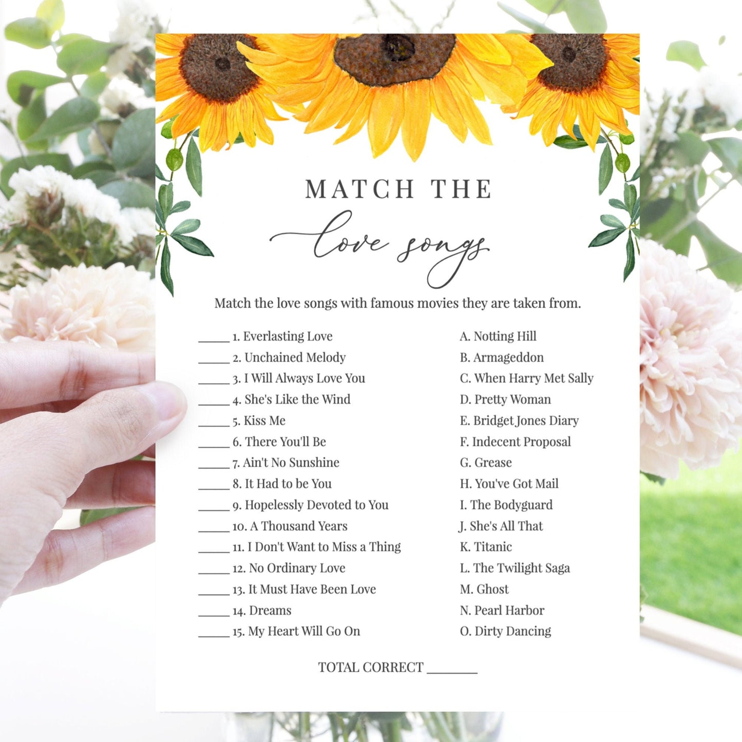 Editable   Match the Love Songs Bridal Shower Games + Virtual Rustic Sunflower Template