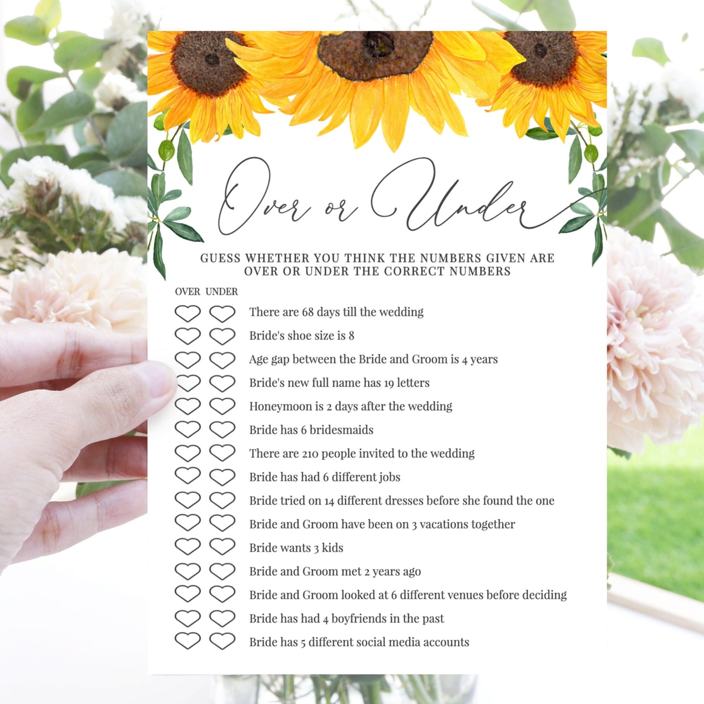 Editable   Over or Under Game Bridal Shower Games Sunflower Template