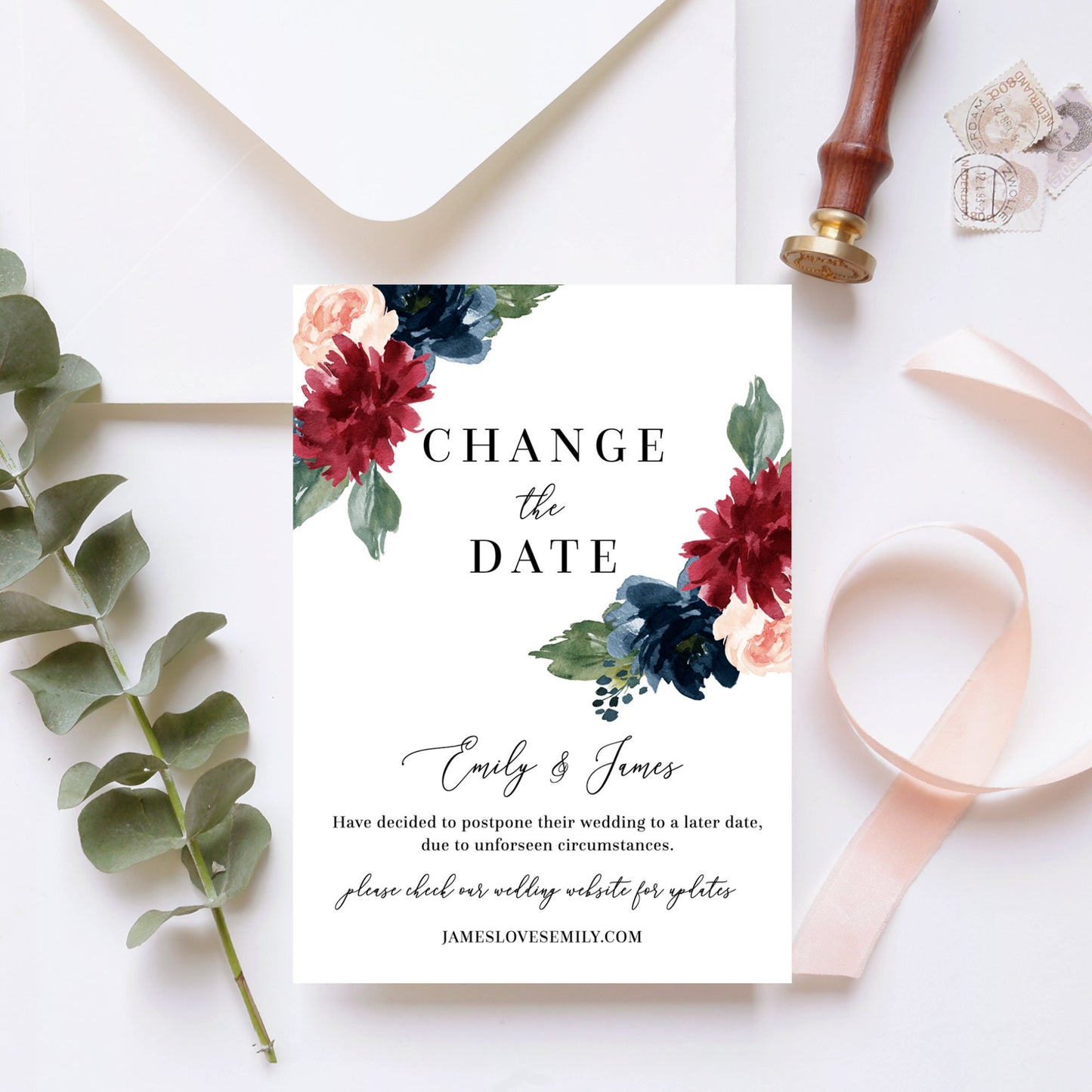 Editable Change the Date Wedding Burgundy Floral Change of Plans Social Distancing Wedding Postponement Template