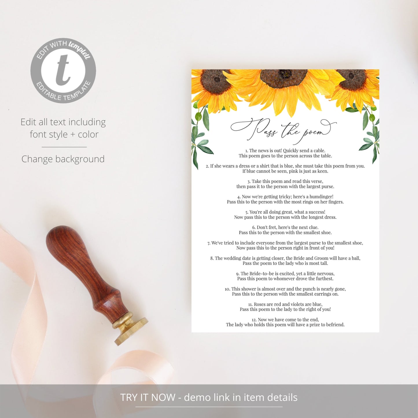 Editable   Pass the Poem Bridal Shower Games Sunflower Bridal Poem Game Template