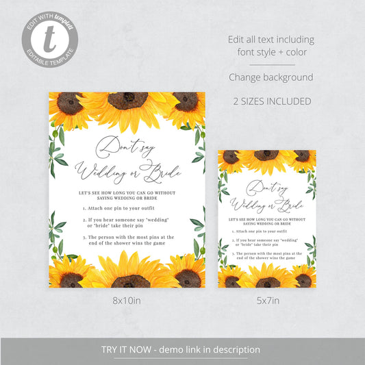 Editable   Don't Say Wedding or Bride Clothespin Game Bridal Shower Games Sunflower Template