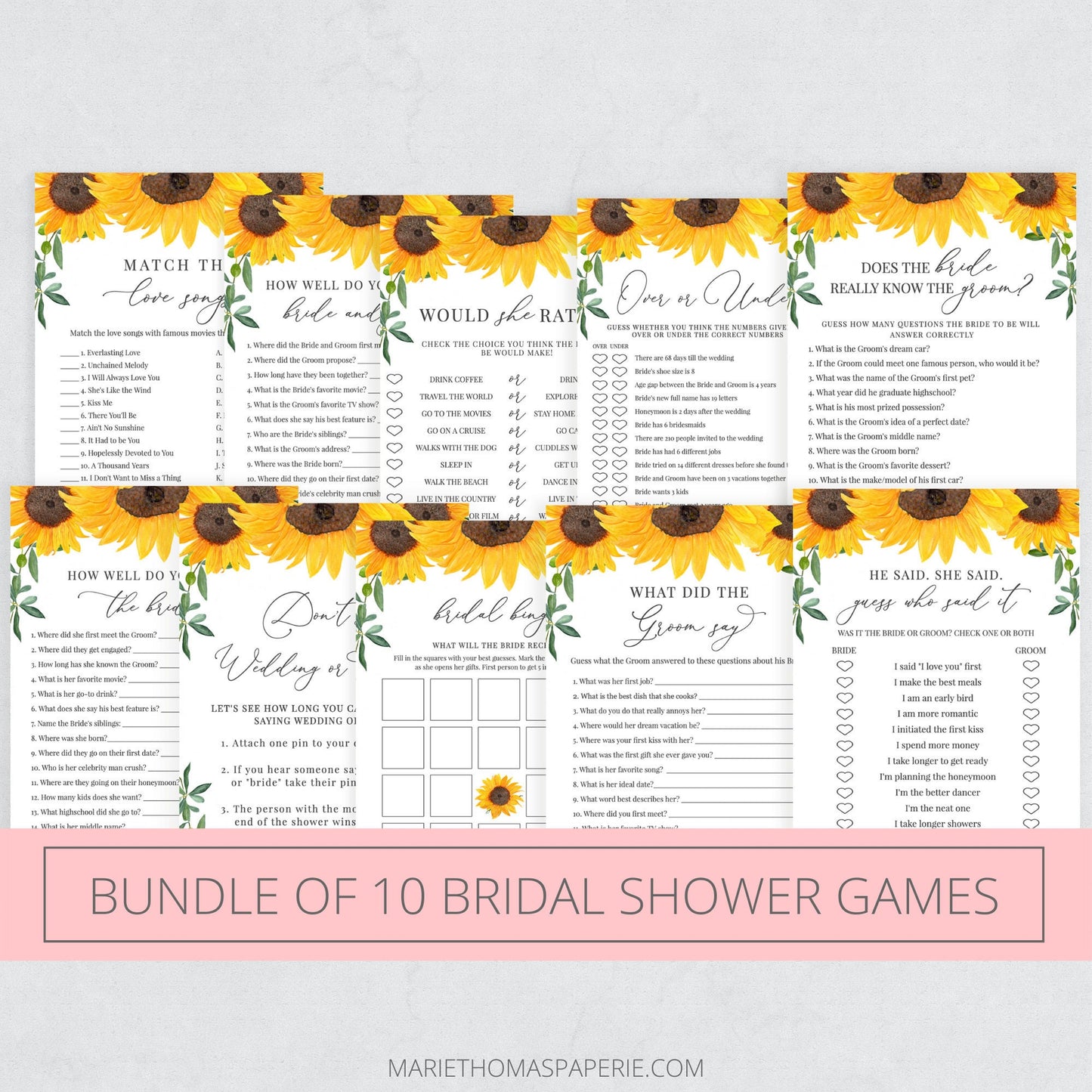 Editable   Bridal Shower Games Bundle of 10 Sunflower Rustic Template