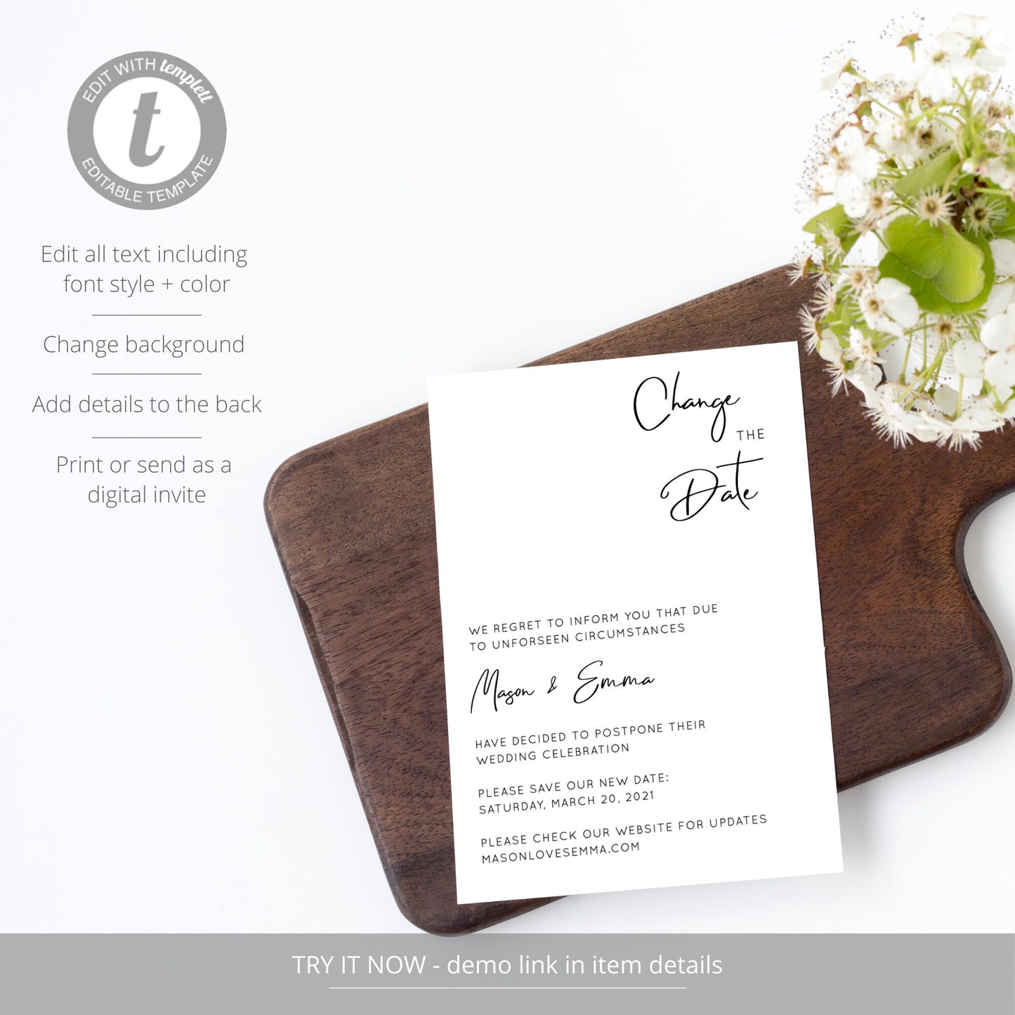 Editable Change the Date Wedding Modern Minimalist Change of Plans Wedding Postponement Invitation Template