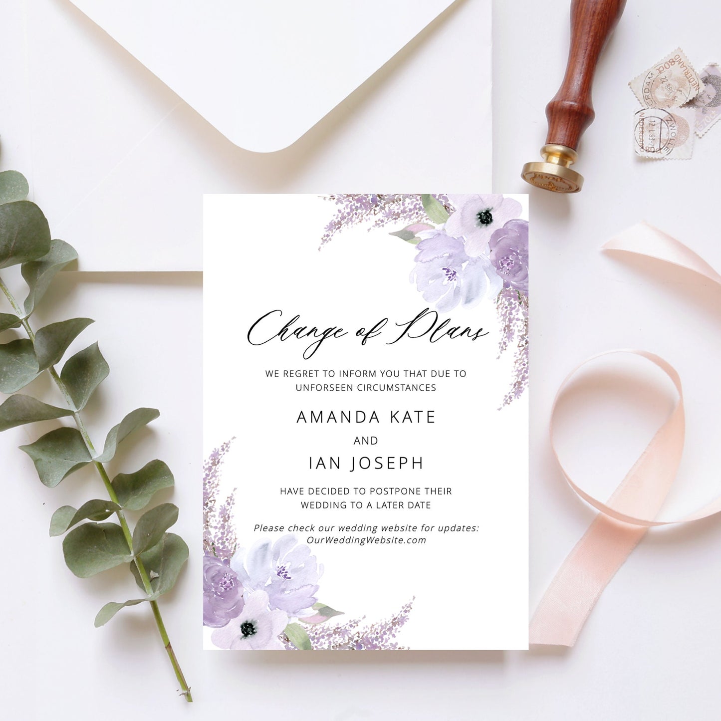 Editable Change of Plans Lavender Change the Date Wedding Purple Floral Wedding Postponement Template