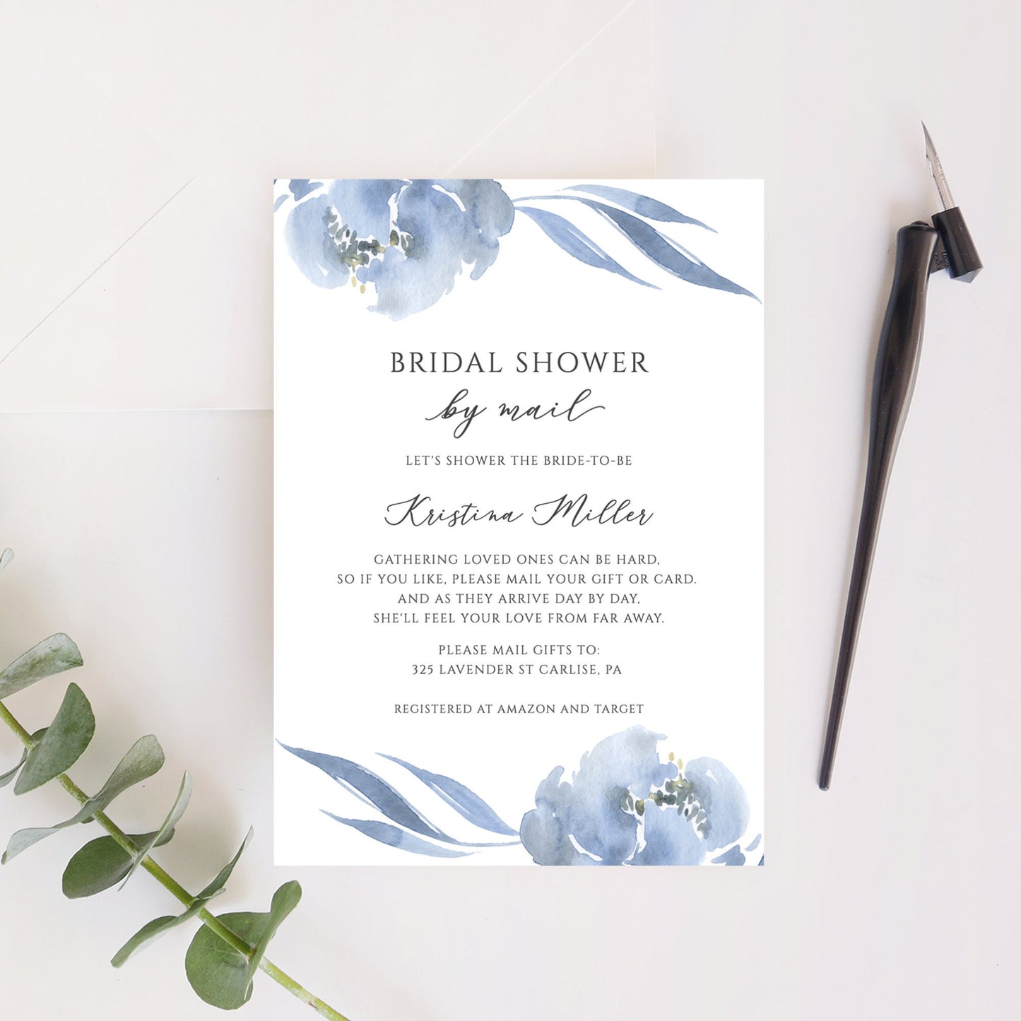 Editable Bridal Shower by Mail Invitation Dusty Blue Floral Social Distance Bridal Shower Invite Template