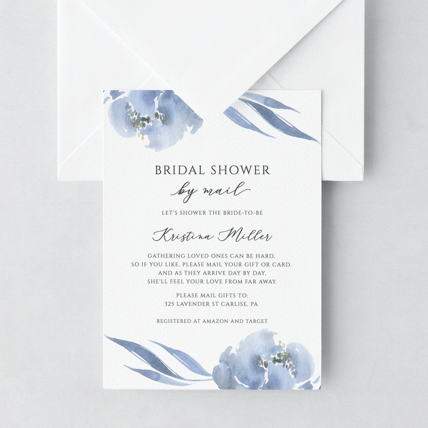 Editable Bridal Shower by Mail Invitation Dusty Blue Floral Social Distance Bridal Shower Invite Template