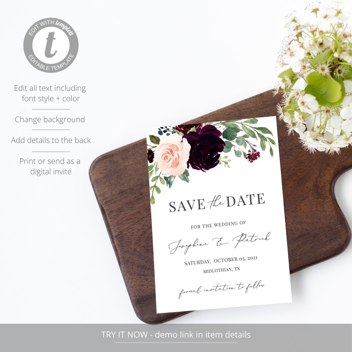 Editable Burgundy Save the Date Floral Save the Date Cards Wedding Announcement Text Digital Template