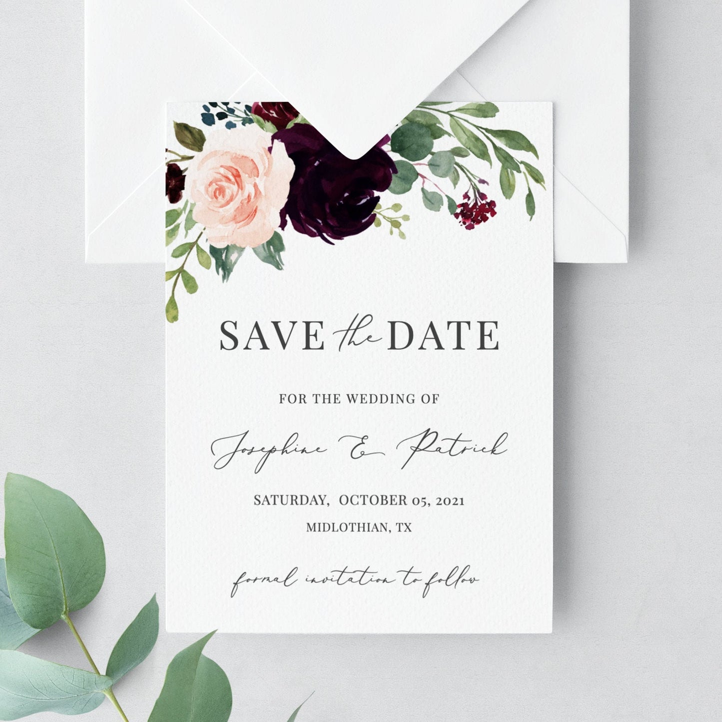 Editable Burgundy Save the Date Floral Save the Date Cards Wedding Announcement Text Digital Template