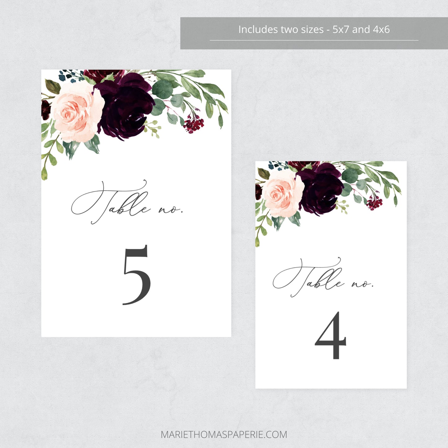 Editable Wedding Table Number Burgundy Floral Table Number Card 5x7 and 4x6 Template