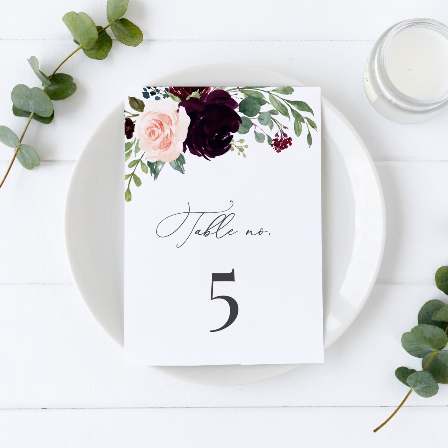 Editable Wedding Table Number Burgundy Floral Table Number Card 5x7 and 4x6 Template