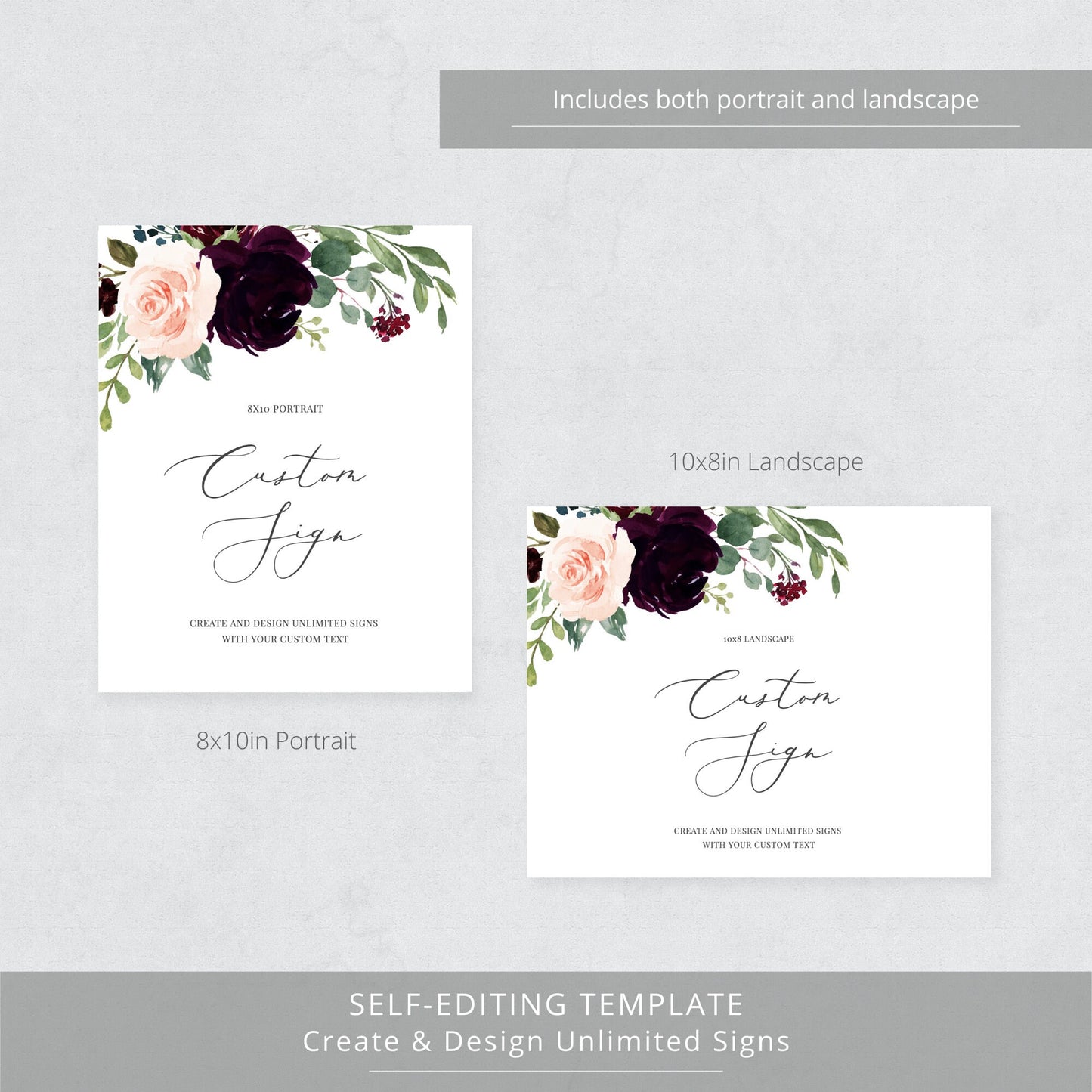 Editable Custom Wedding Sign Burgundy Floral Wedding Sign Kit Create Unlimited Signs 8x10 and 10x8 Template