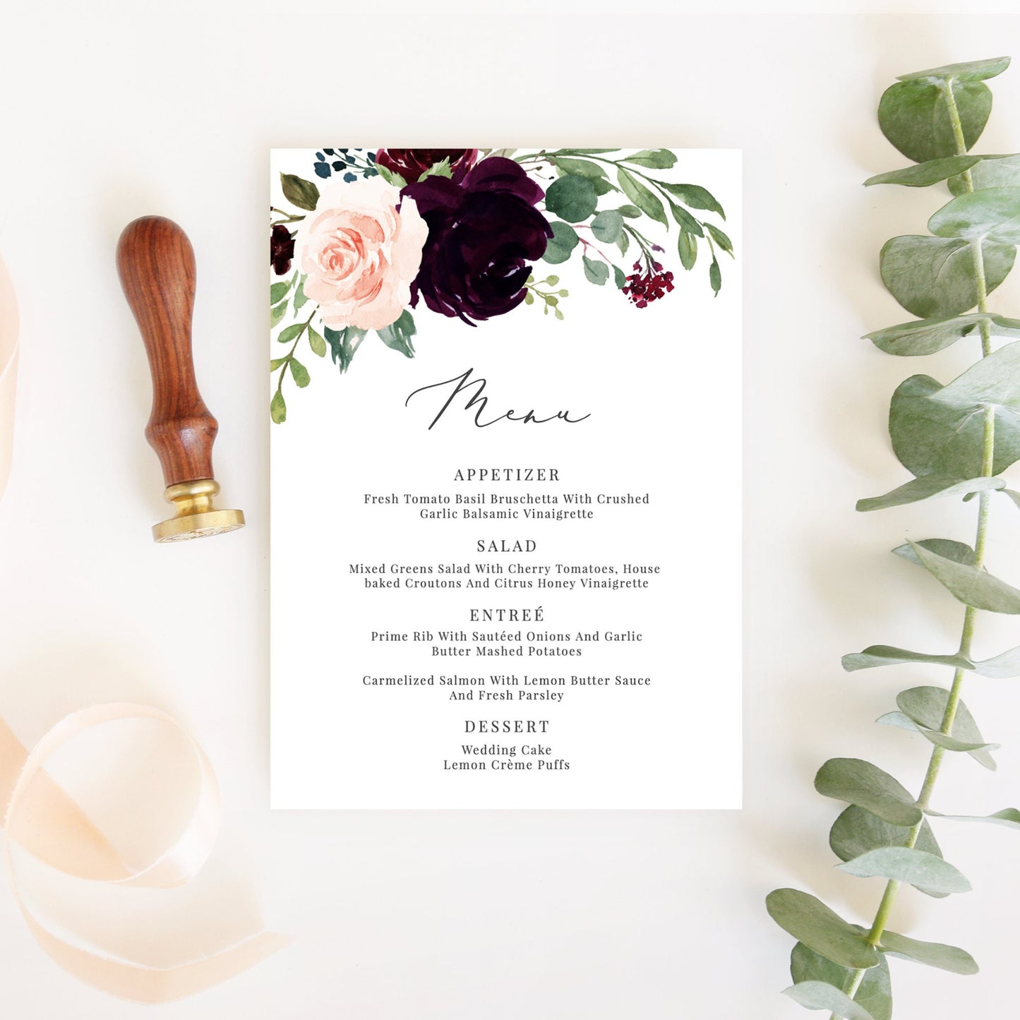 Editable Wedding Menu Burgundy Floral Wedding Menu Card Wedding Menu 5x7 and 4x9 Template