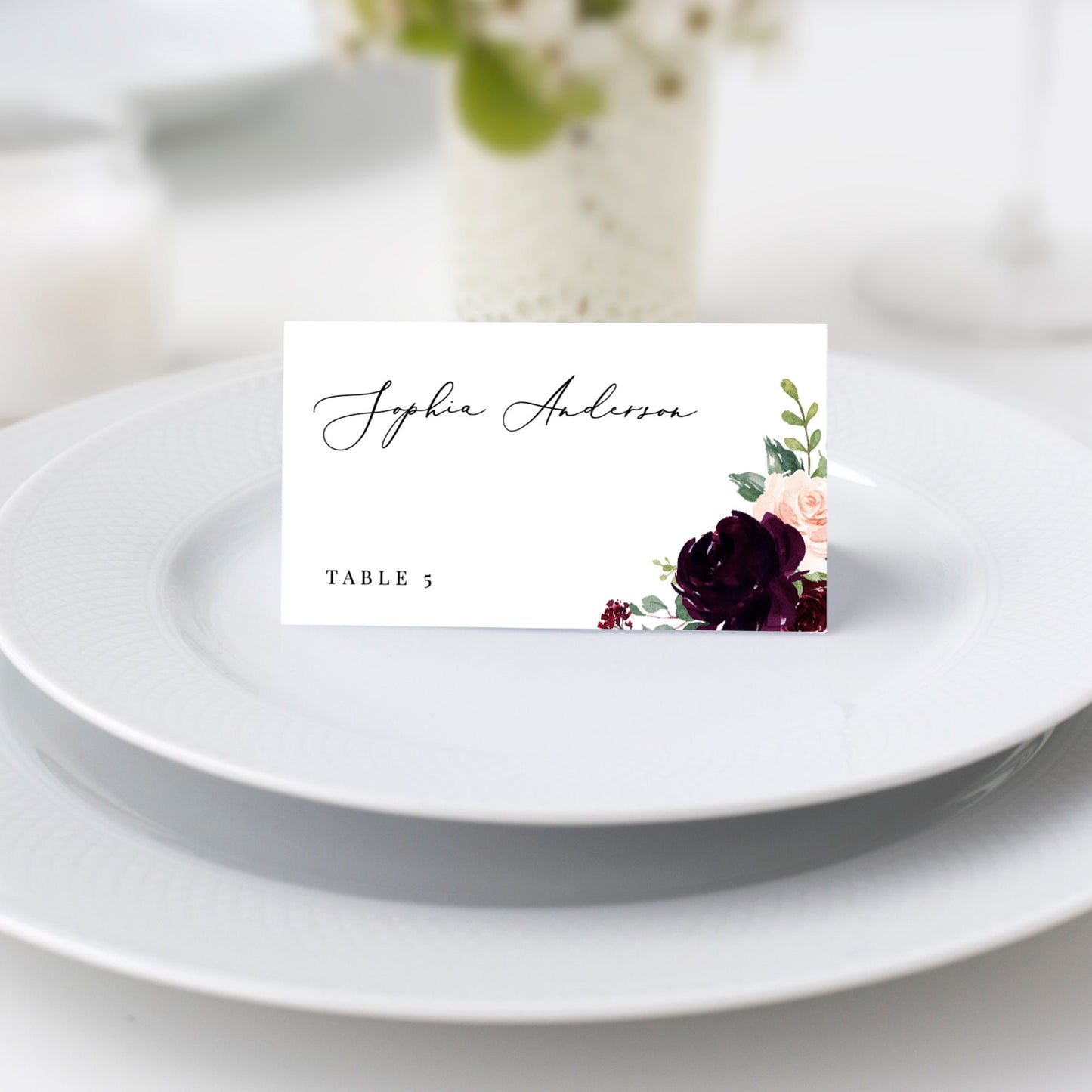 Editable Burgundy Floral Wedding Place Card Wedding Name Card Escort Card Template