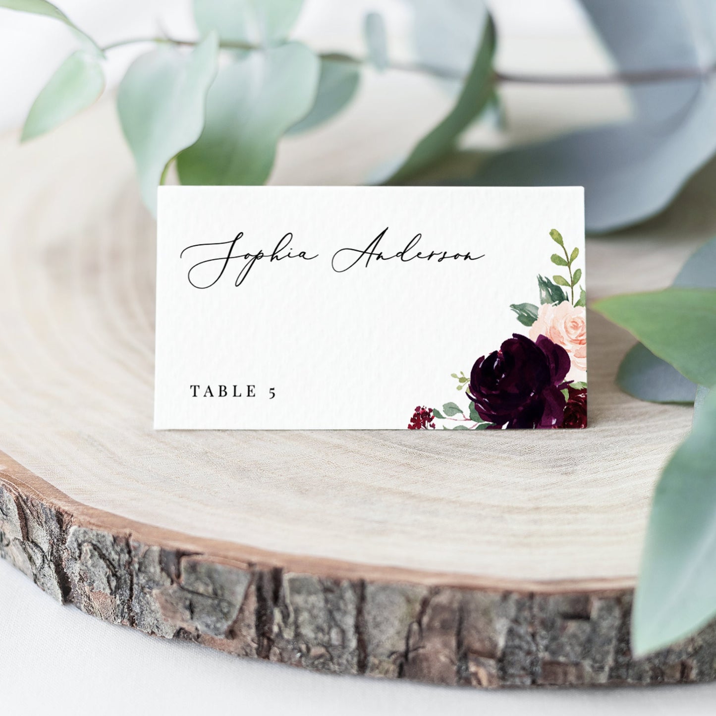 Editable Burgundy Floral Wedding Place Card Wedding Name Card Escort Card Template