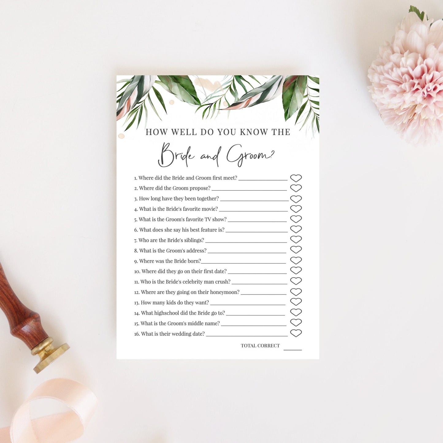 Editable   How Well Do You Know the Bride and Groom Bridal Shower Games Tropical Template