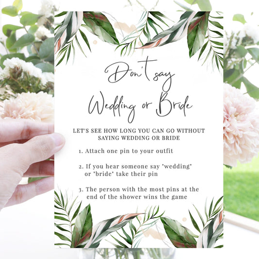 Editable   Don't Say Wedding or Bride Clothespin Game Bridal Shower Games Tropical Palm Leaves Template
