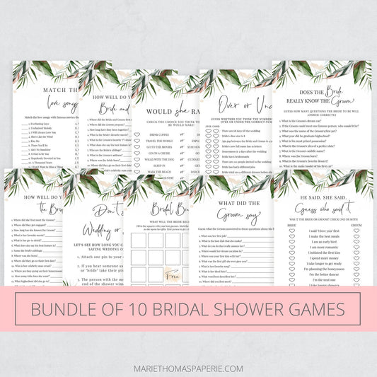 Editable   Bridal Shower Games Bundle of 10 Tropical Green Blush Pink Palm Leaves Aloha Luau Template