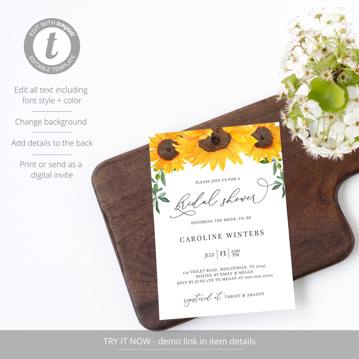 Editable   Sunflower Bridal Shower Invitation Bridal Shower Invite Template