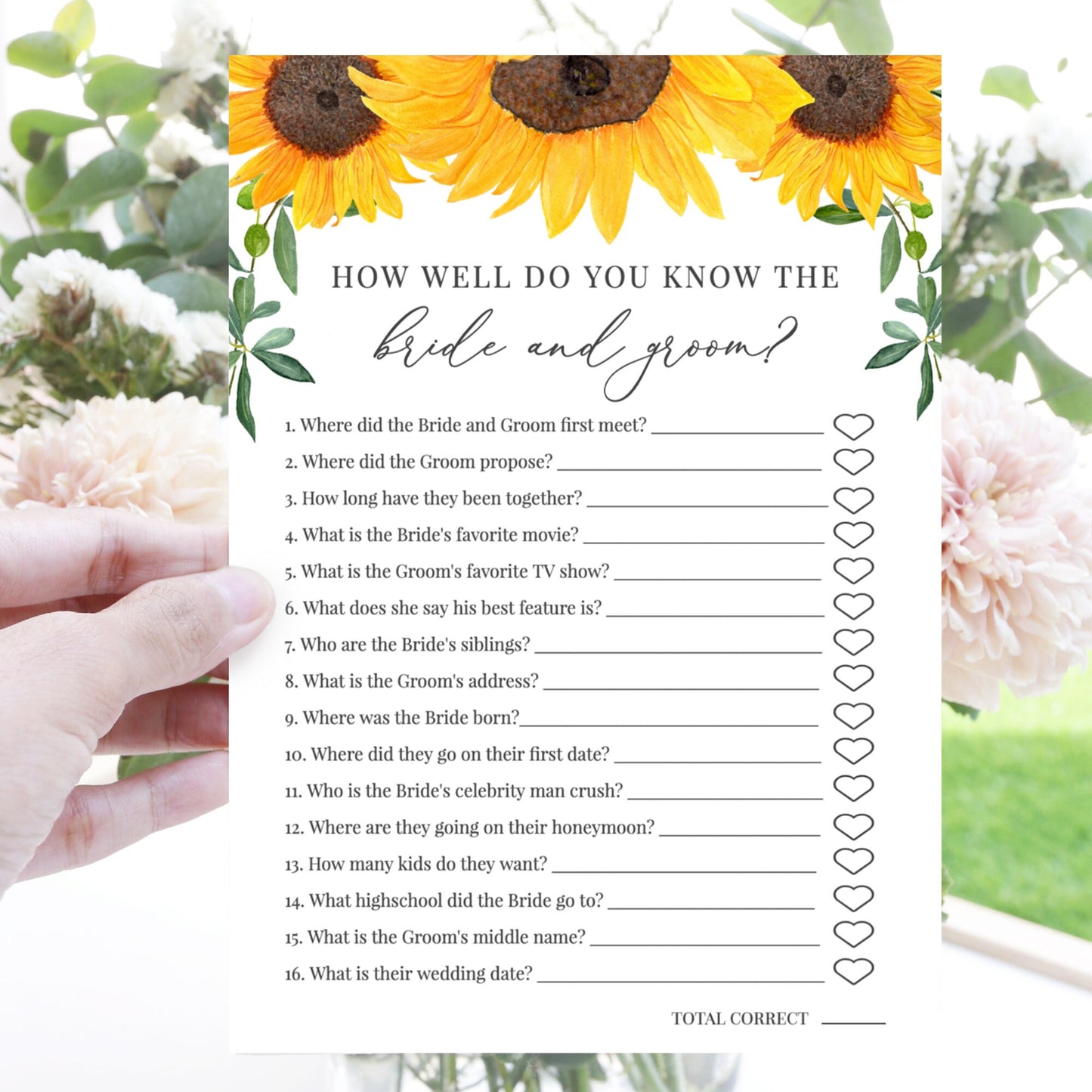 Editable   How Well Do You Know the Bride and Groom Bridal Shower Games + Virtual Sunflower Rustic Template