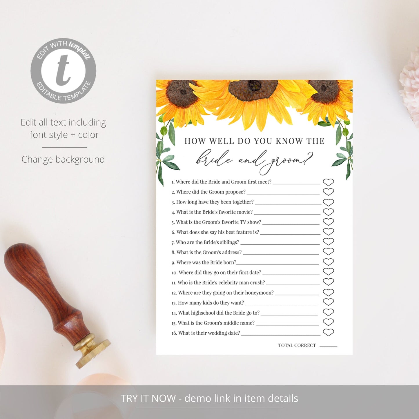 Editable   How Well Do You Know the Bride and Groom Bridal Shower Games + Virtual Sunflower Rustic Template