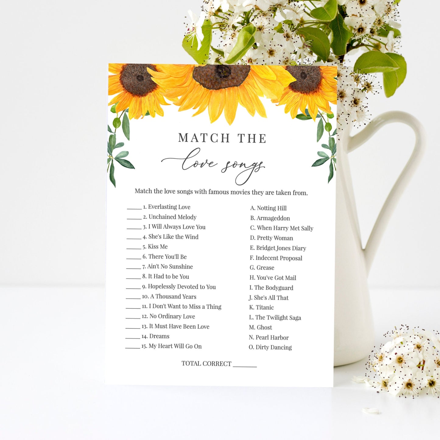 Editable   Match the Love Songs Bridal Shower Games + Virtual Rustic Sunflower Template