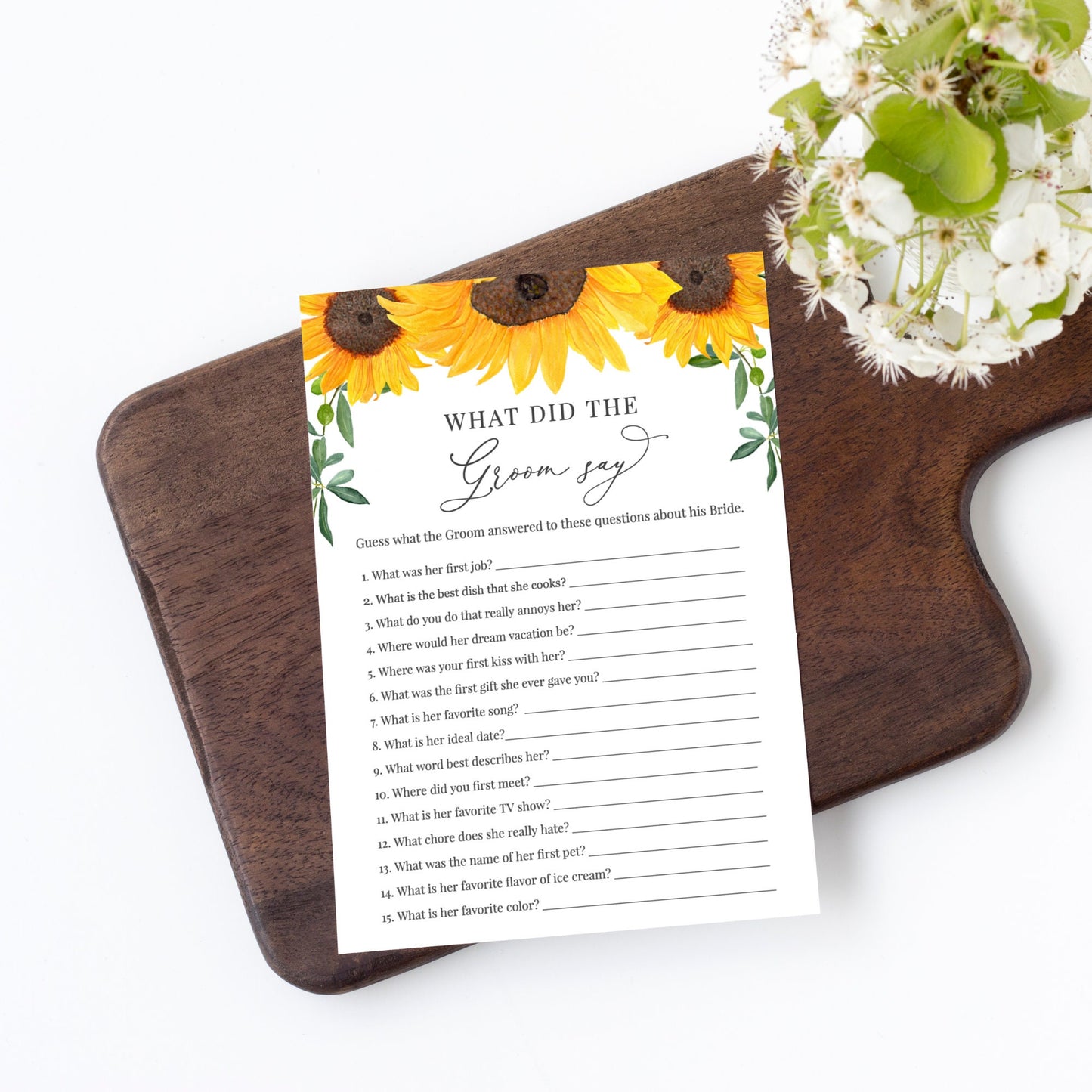 Editable   What Did the Groom Say Bridal Shower Games Sunflower Template