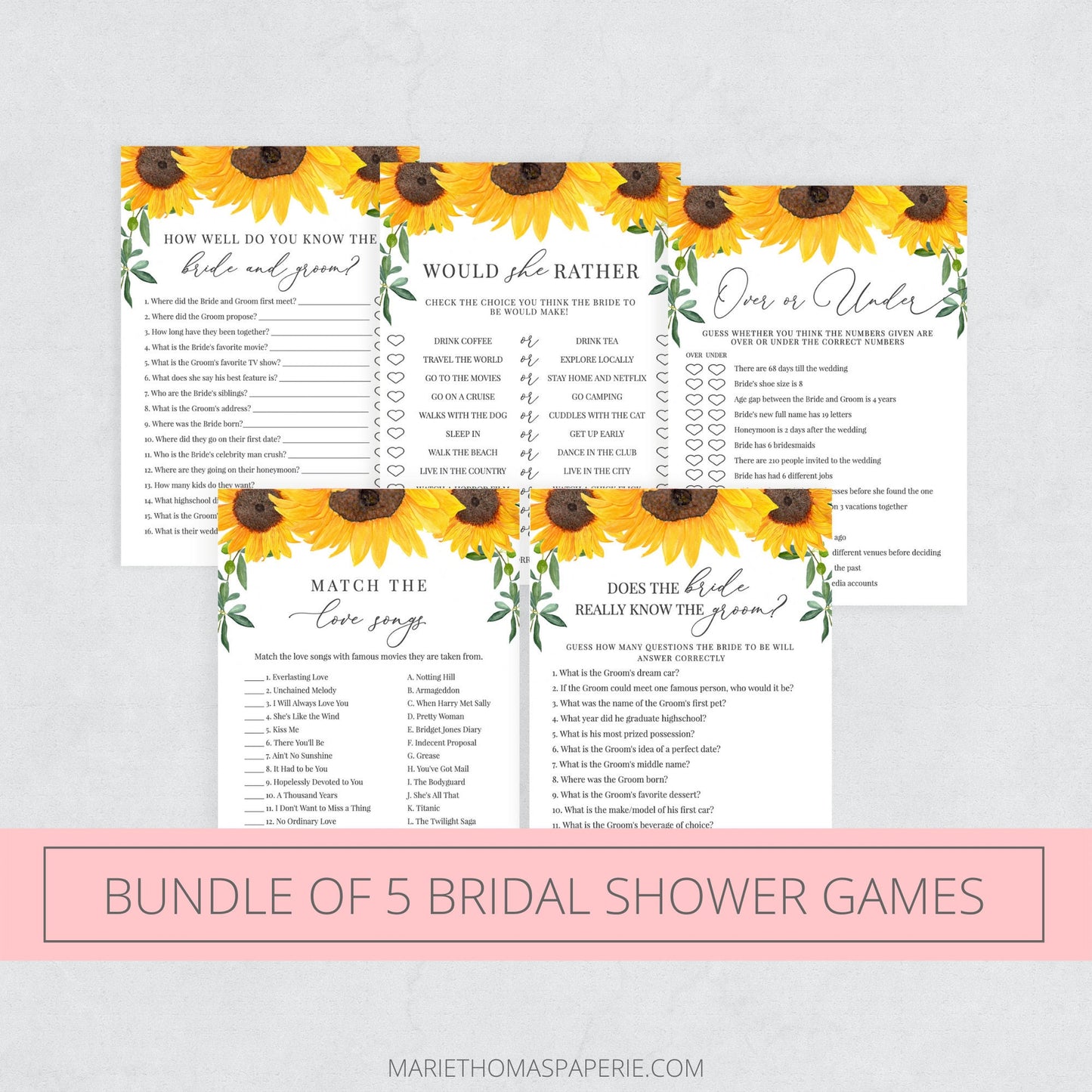 Editable   Sunflower Bridal Shower Games Bundle Bridal Shower Games Bundle of 5 Template
