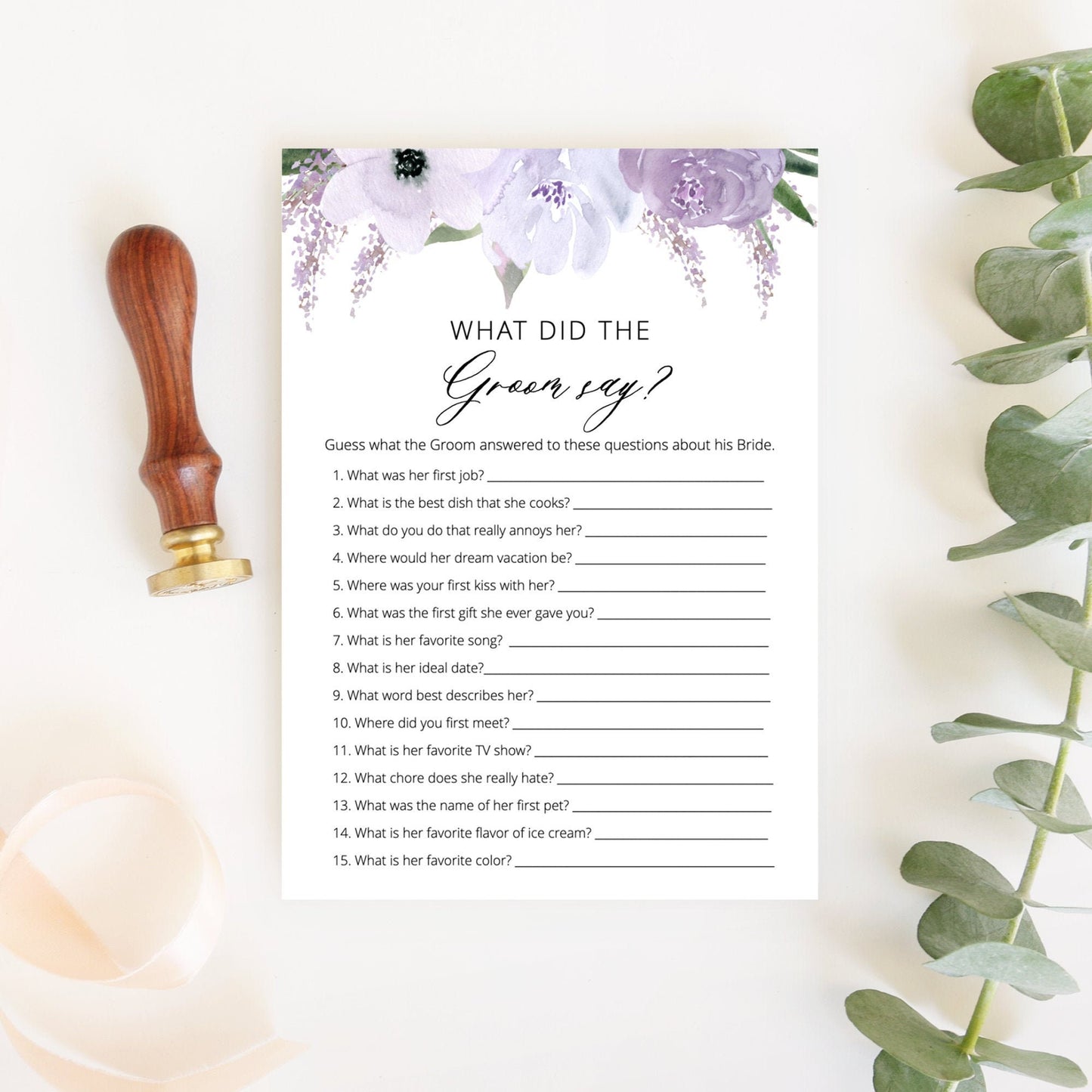 Editable What Did the Groom Say Purple Lavender Bridal Shower Games Wedding Games Template