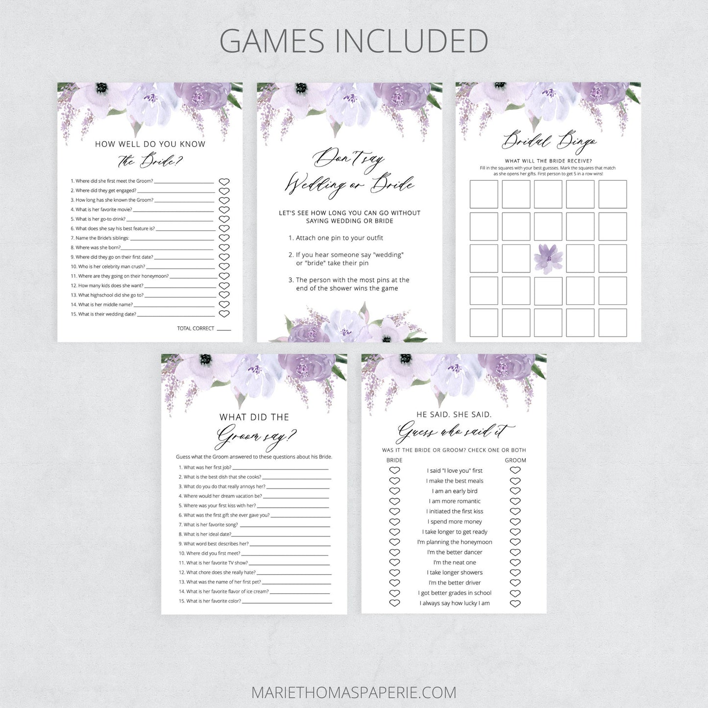 Editable Bridal Shower Games Bundle of 10 Lavender Purple Floral Shower Games Bundle Template