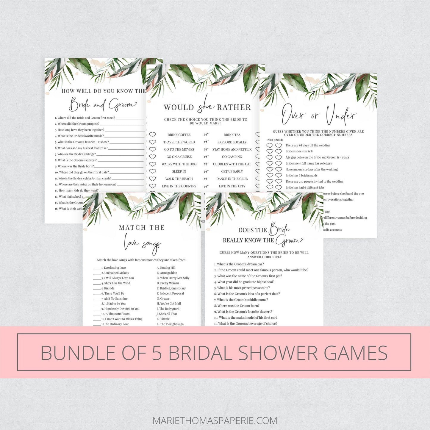 Editable   Tropical Bridal Shower Games Bundle Bridal Shower Games Bundle of 5 Template
