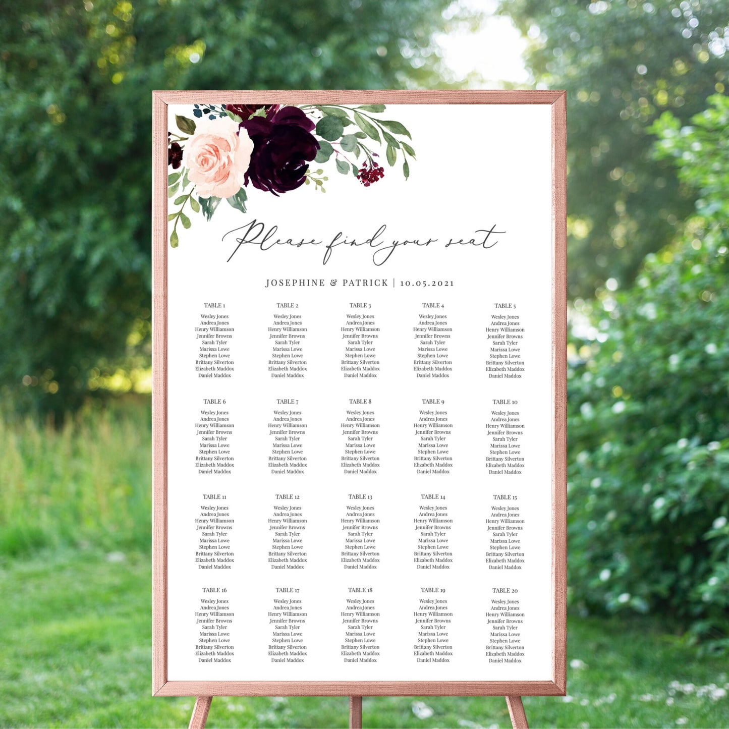 Editable Burgundy Floral Seating Chart Horizontal Seating Chart Poster Template