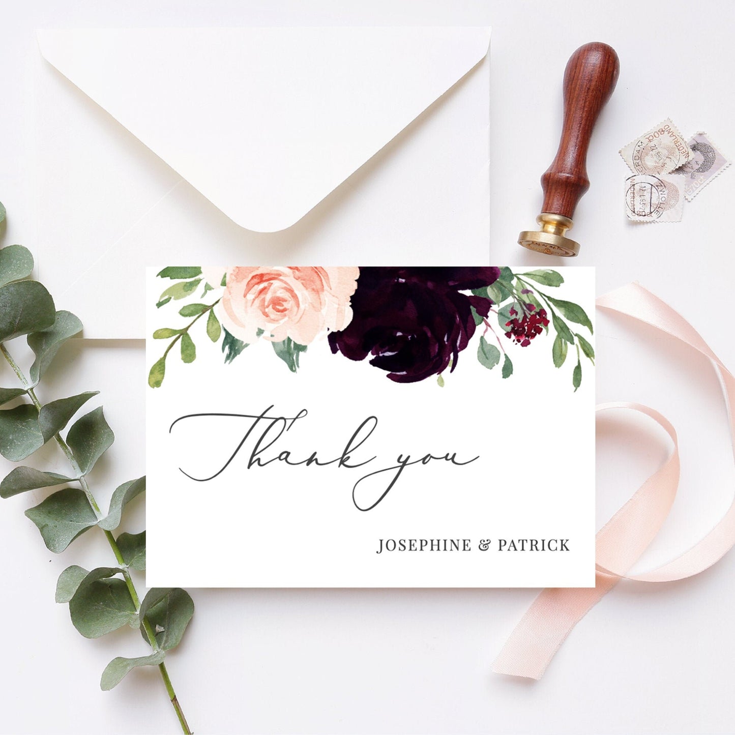 Editable Burgundy Floral Wedding Thank You Cards Cards Personalized Thank You Cards Template
