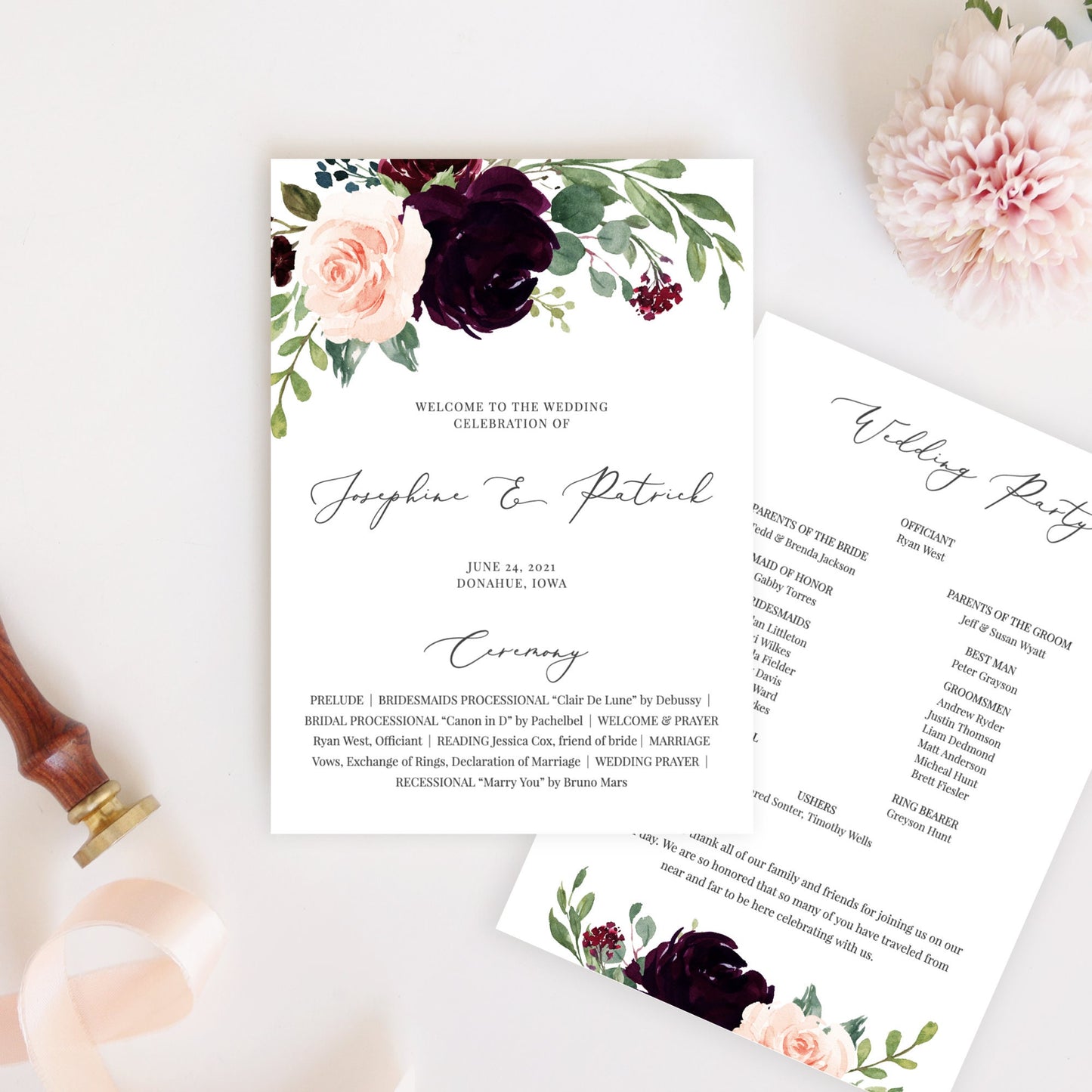 Editable Burgundy Wedding Program Fan Floral Wedding Program Fan or Flat Wedding Ceremony Program Template