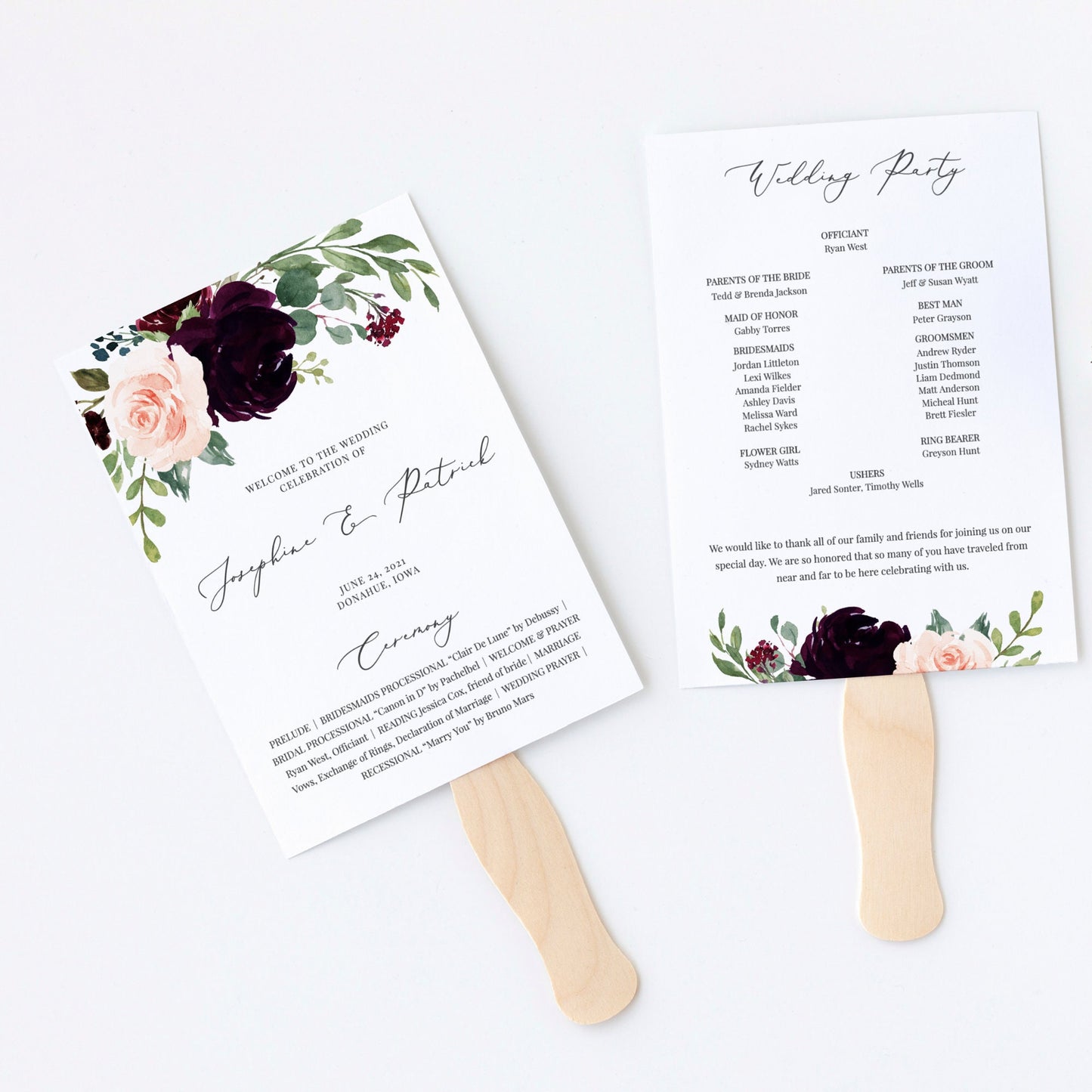 Editable Burgundy Wedding Program Fan Floral Wedding Program Fan or Flat Wedding Ceremony Program Template