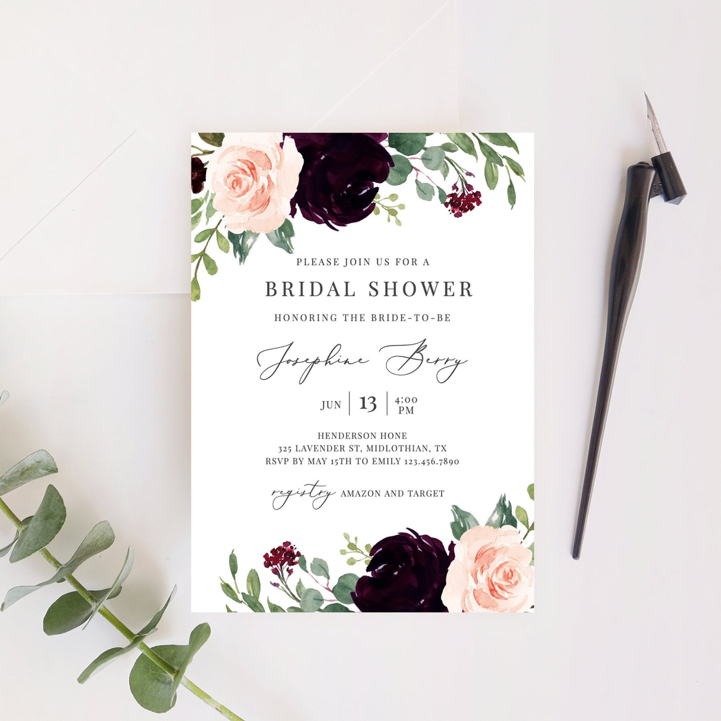 Editable Burgundy Bridal Shower Invitation Blush Floral Bridal Shower Invite Template