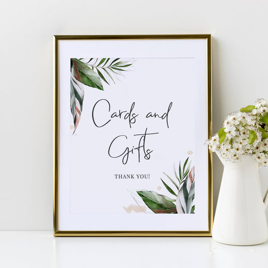 Editable   Cards and Gifts Sign Tropical Bridal Shower Gift Sign Palm Leaves Gift Table Sign Template