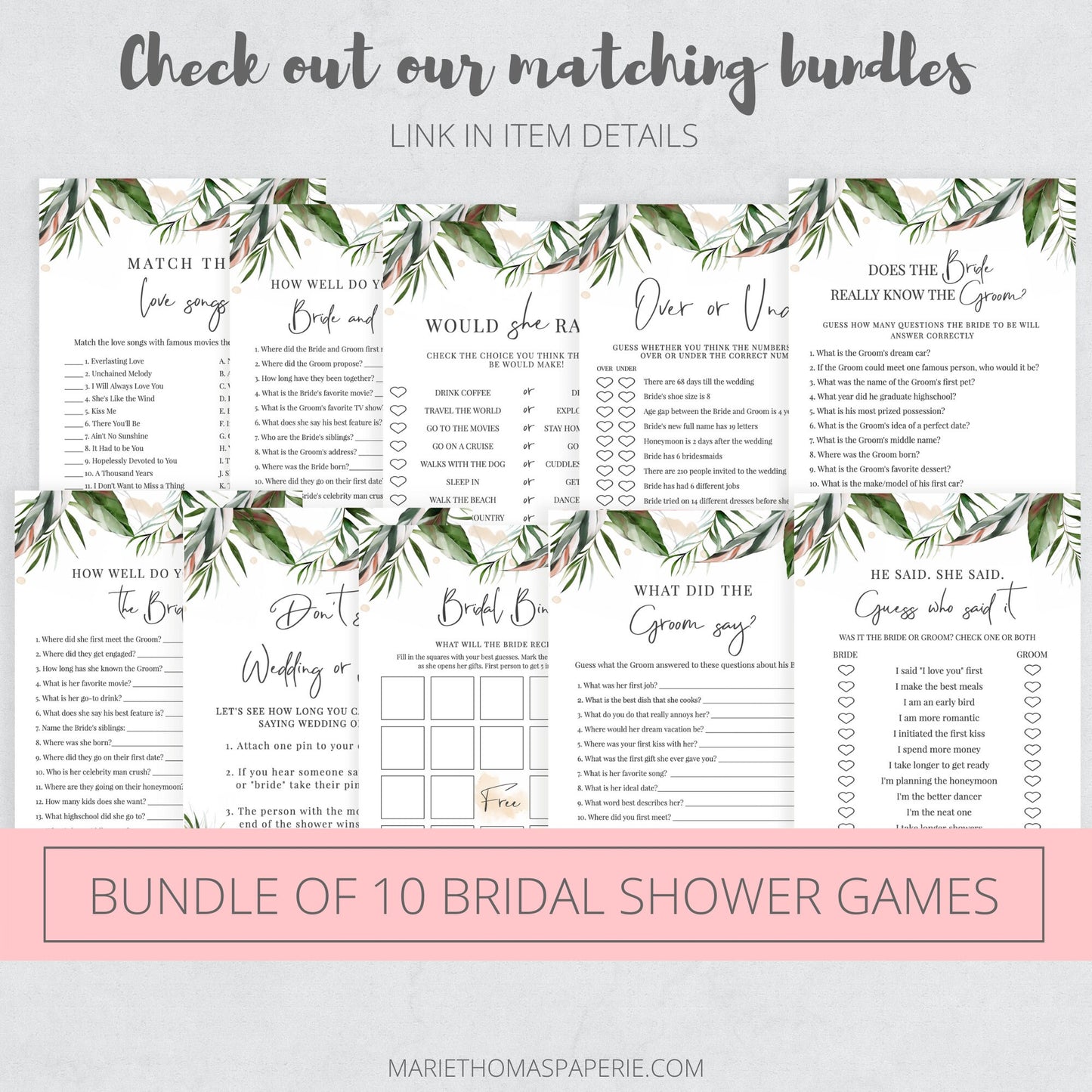 Editable   Bridal Word Scramble Bridal Shower Games Tropical Modern Beach Palm Leaves Template