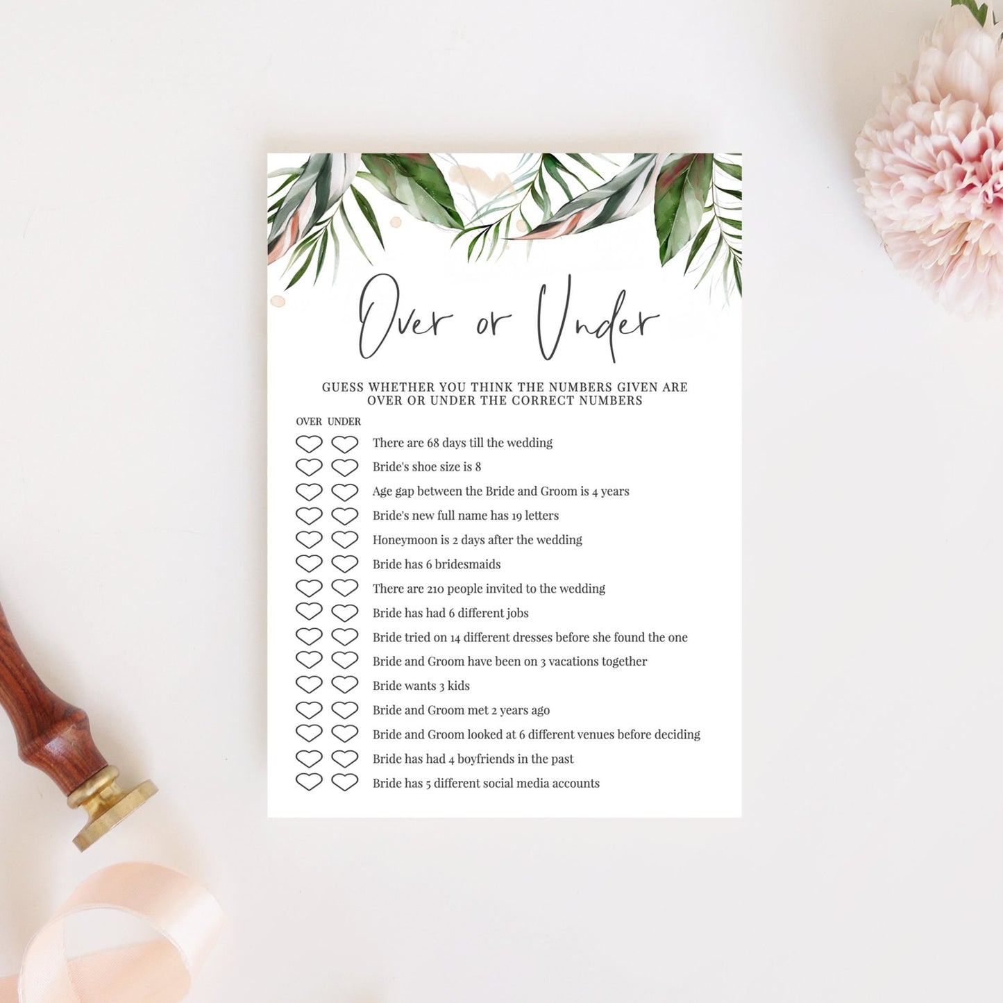 Editable   Over or Under Game Bridal Shower Games Tropical Palm Leaves Modern Beach Template