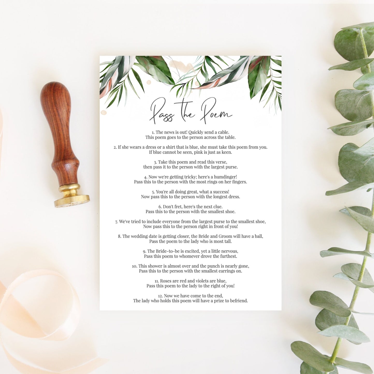 Editable   Pass the Poem Bridal Shower Games Tropical Green Blush Pink Bridal Poem Game Template