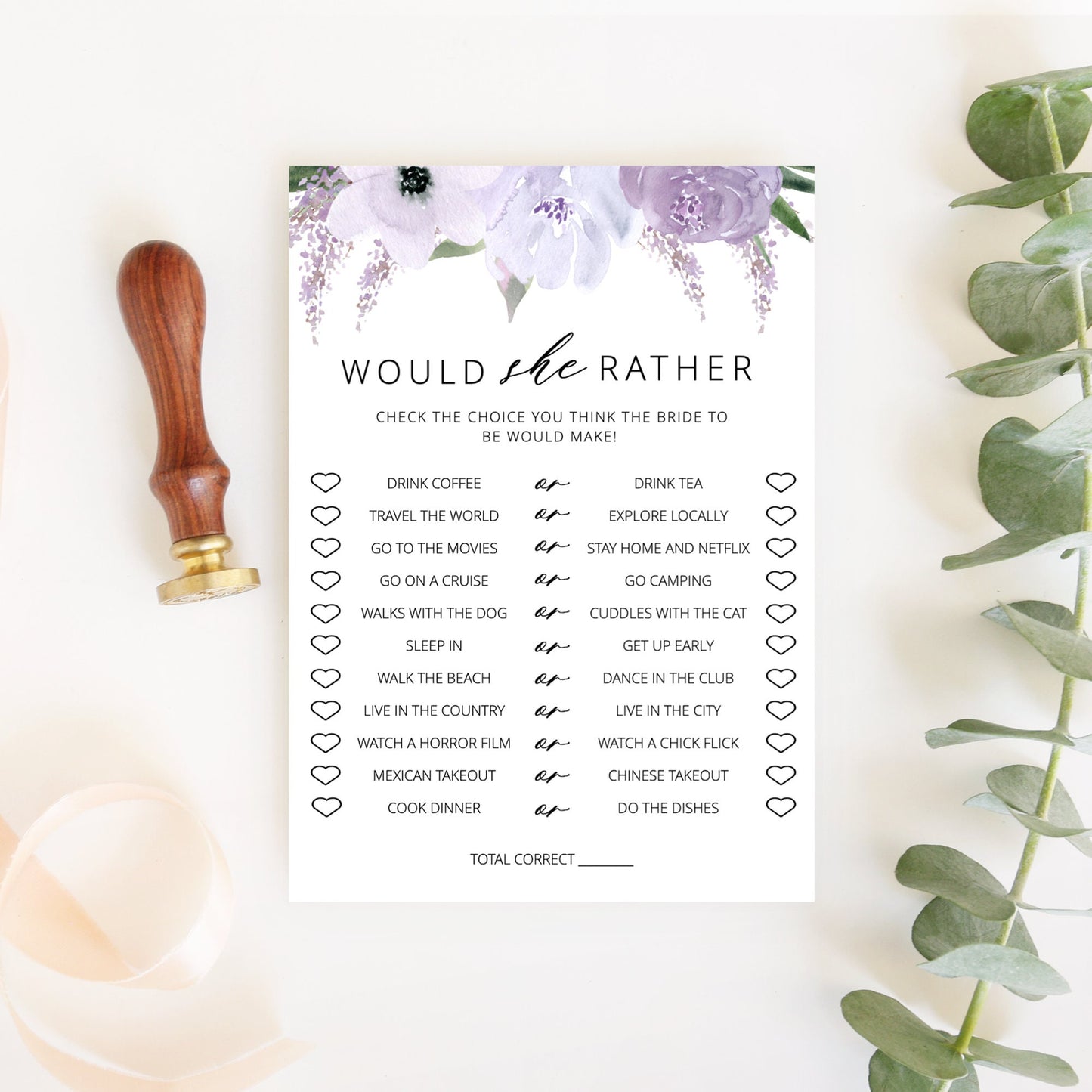 Editable Would She Rather Bridal Shower Games Purple Floral Lavender Wedding Shower Games Template