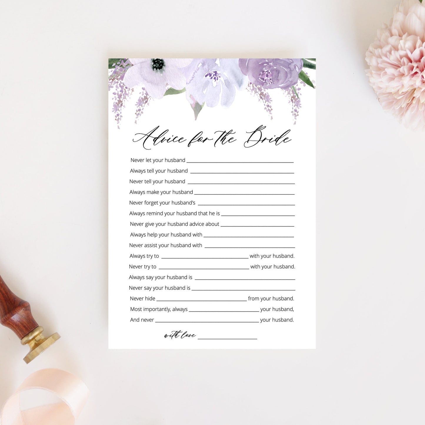 Editable Advice for the Bride Bridal Shower Games Purple Floral Lavender Template