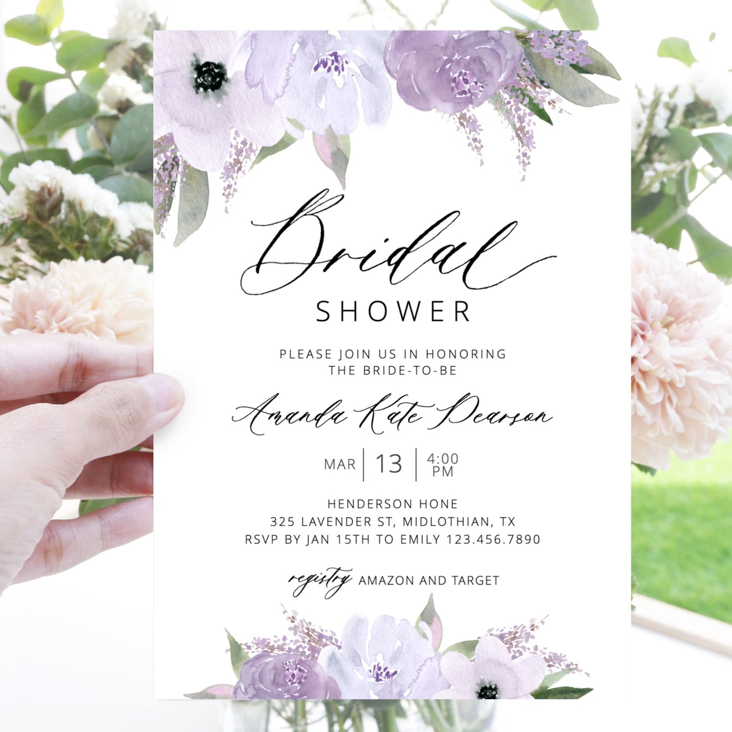 Editable Lavender Bridal Shower Invitation Bridal Shower Invite Purple Floral Template