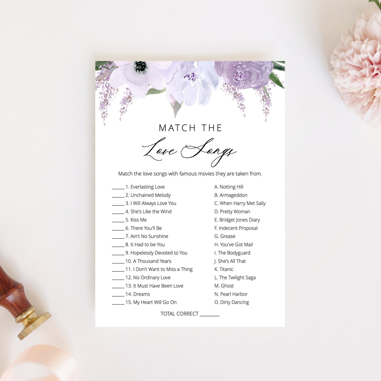 Editable Match the Love Songs Bridal Shower Games Lavender Purple Wedding Shower Games Template