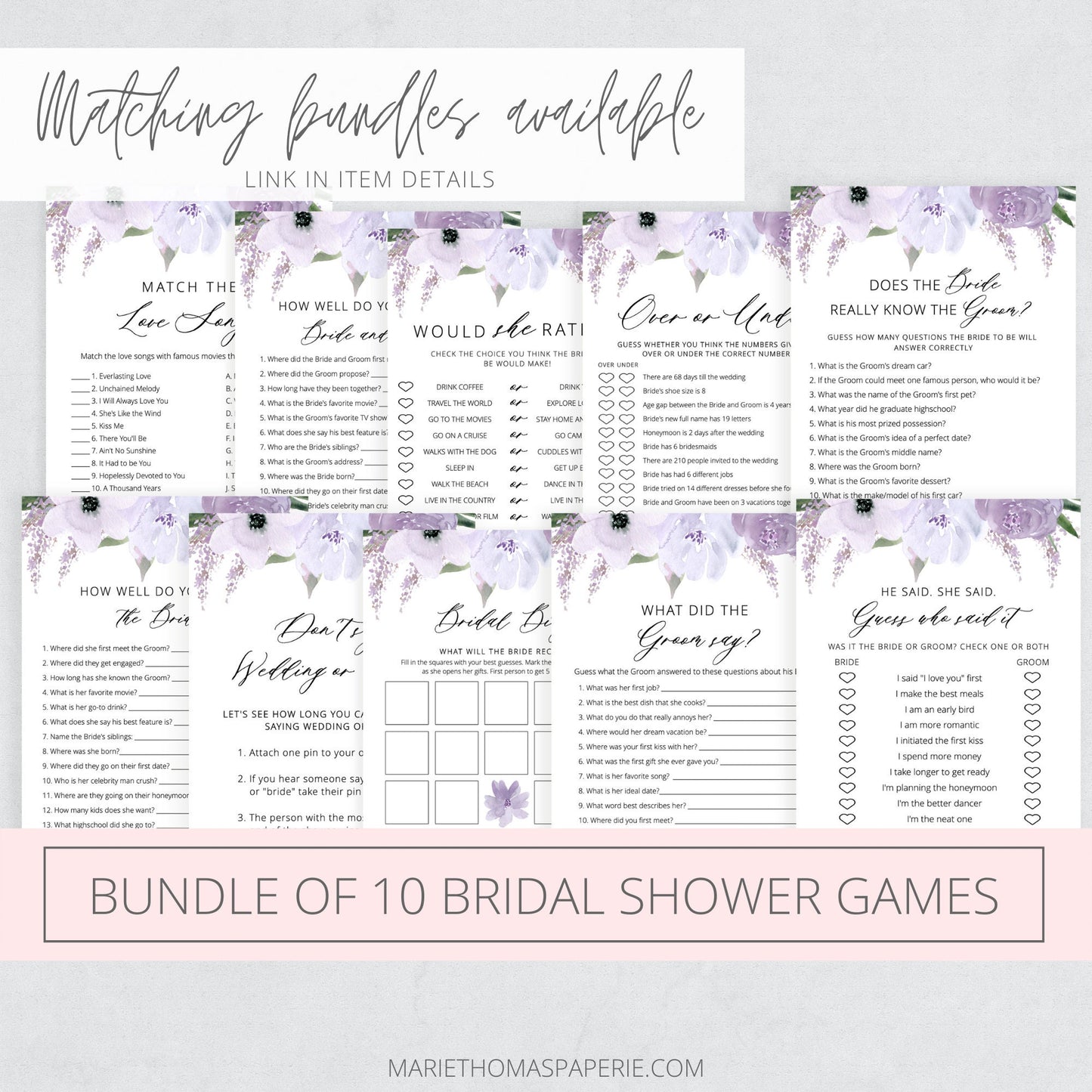 Editable Don't Say Wedding or Bride Bridal Shower Game Clothespin Game Lavender Bridal Shower Games Template