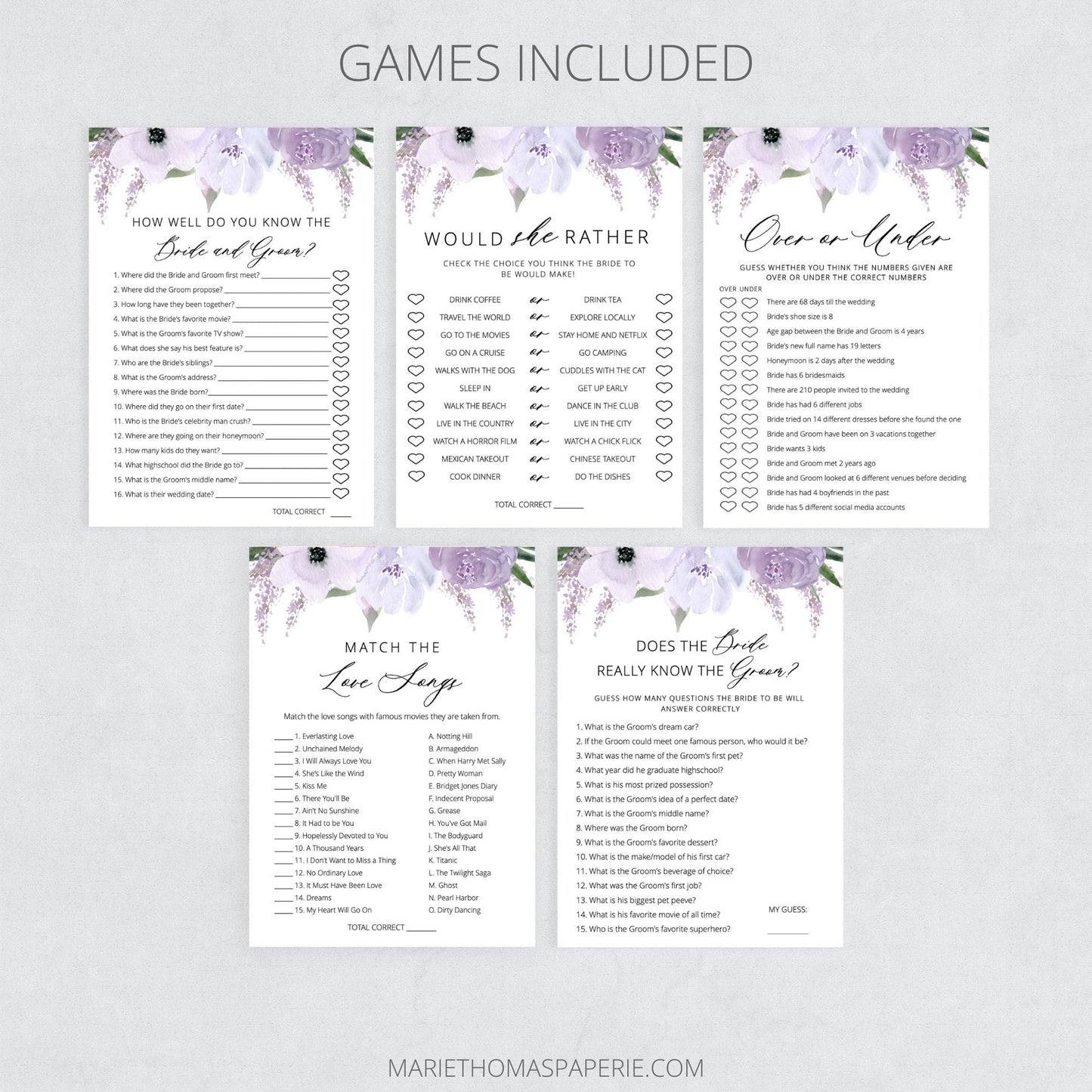 Editable Bridal Shower Games Bundle Lavender Purple Bridal Shower Games Bundle of 5 Template
